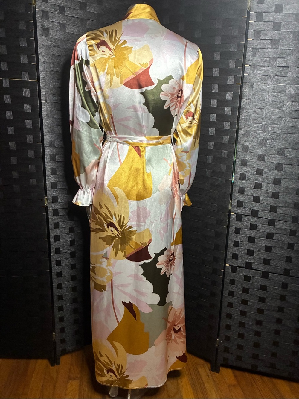 Floral Satin Wrap Maxi Robe - Pink & Mustard - Picture 7 of 8